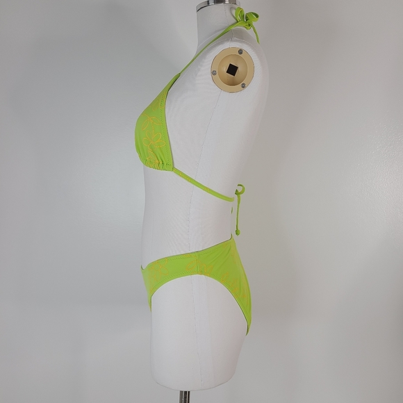 90s Y2K Vintage Neon Green Triangle Floral High Thigh Bikini Swim Suit - Picture 3 of 12